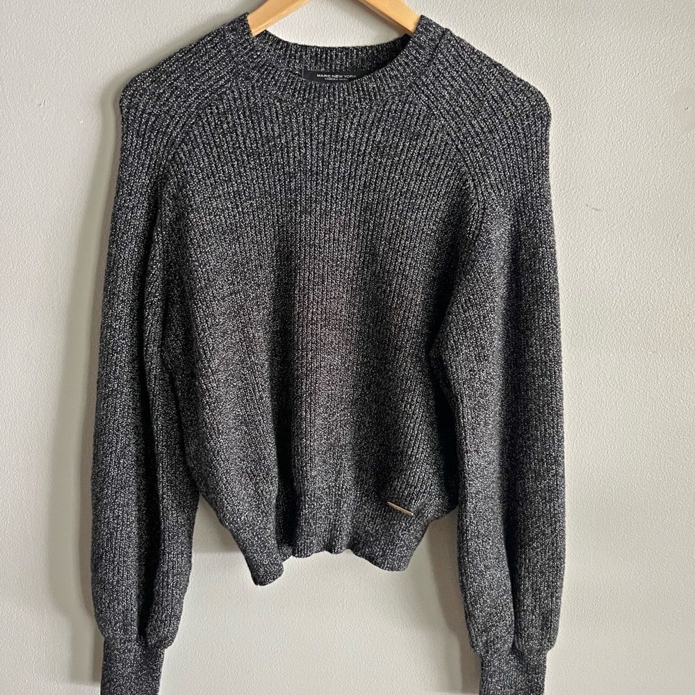 Andrew Marc Black Marled Knit Sweater Womens L Balloon Sleeve Crewneck